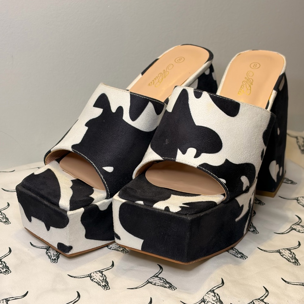 Cape Robbin Black and White Cow Print Platform Mules